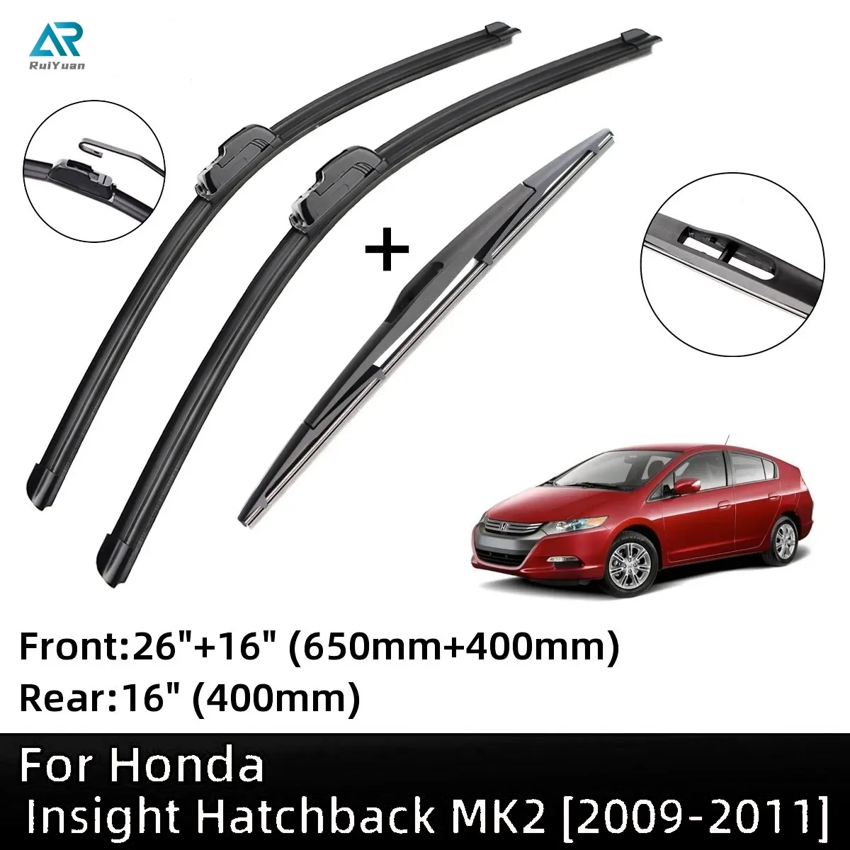 

For Honda Insight Hatchback MK2 2009-2011 Front Rear Wiper Blades Brushes Cutter Accessories J Hook 2009 2010 2011