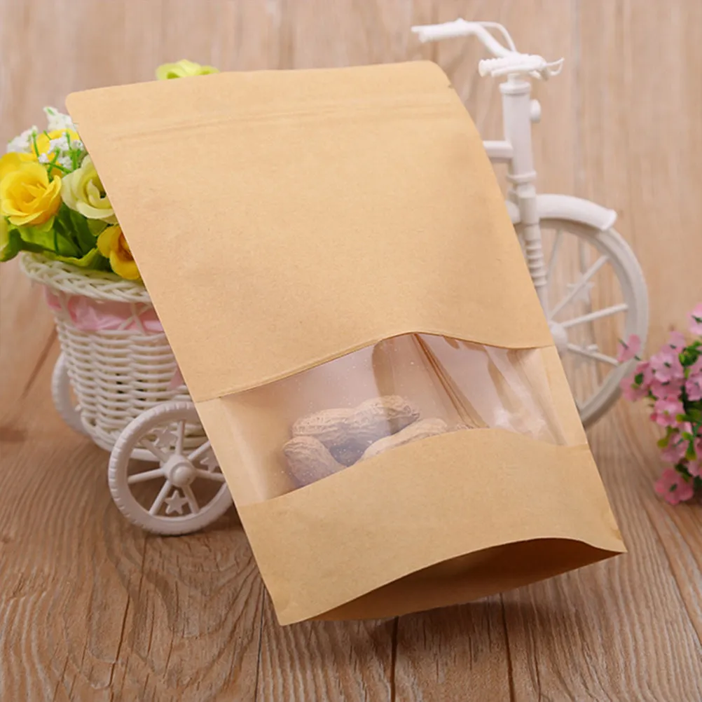 50Pcs Kraft Paper Zipper Sealed Stand-Up Window Bags Reusable Food Storage Packaging for Cookies Tea Dried Fruit Snacks