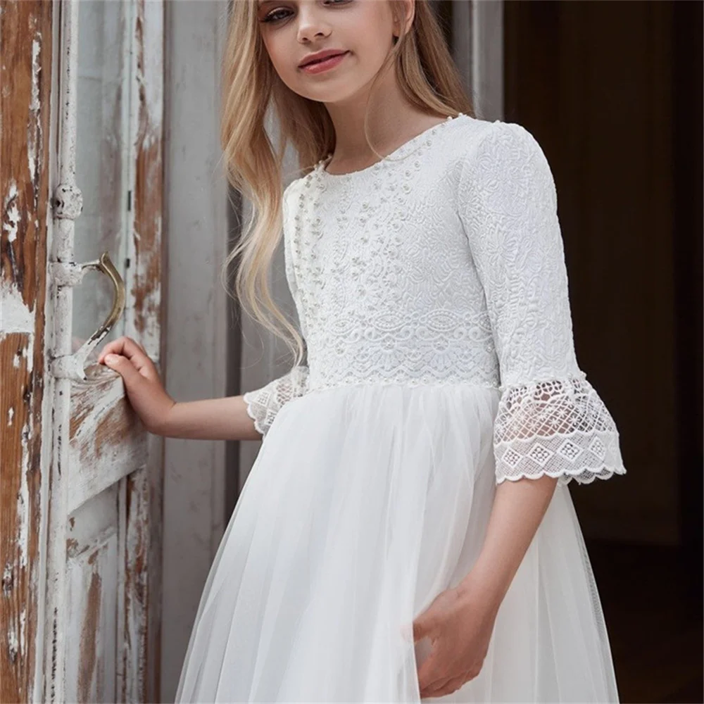 Vestido Menina Flor com Renda Branca, Cintura Alta, Tule Comprida, Frisado, Casamento, Elegante, Primeira Criança, Eucarística, Festa de Aniversário