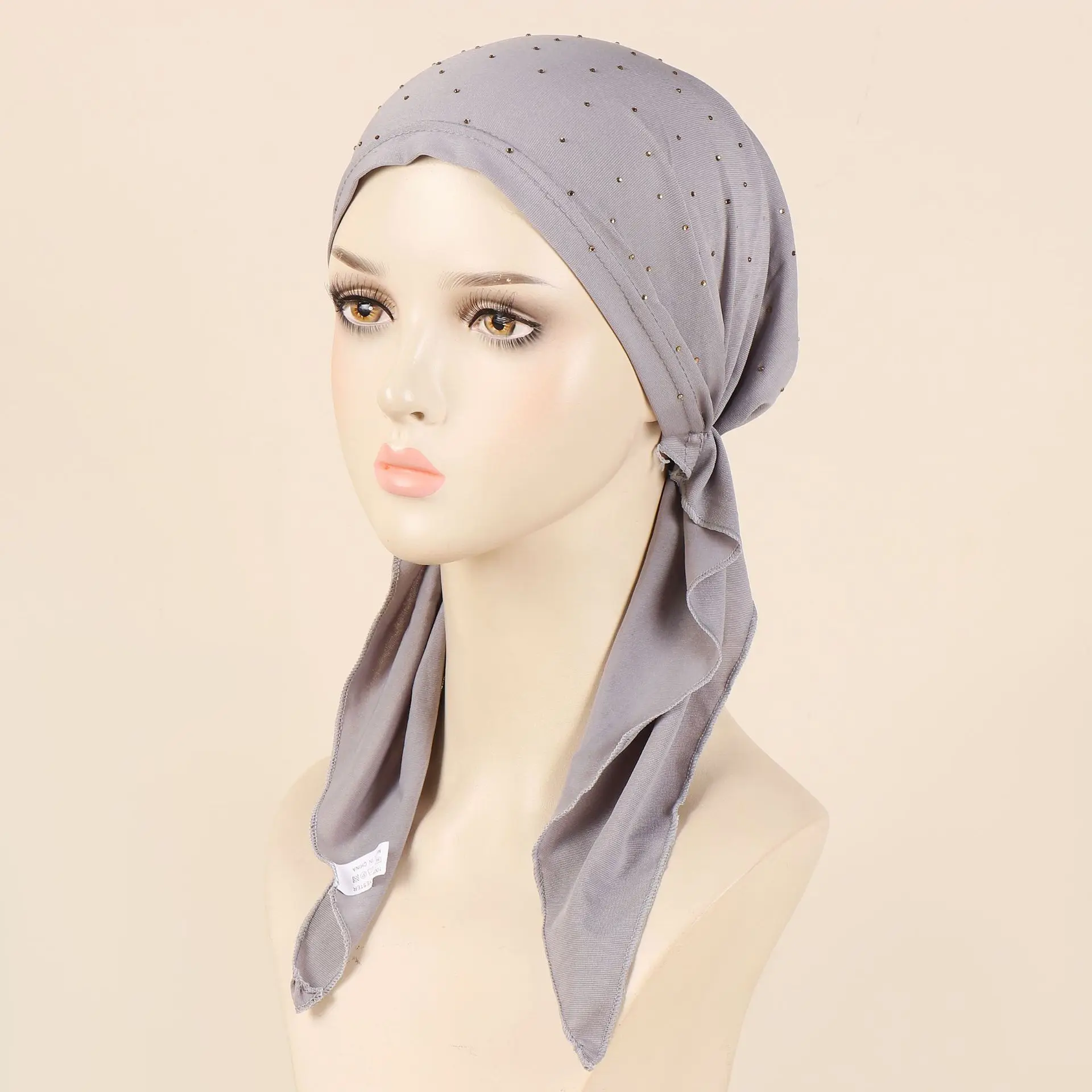 Women Pre-Tied Hat Rhinestone Muslim Inner Hijab Headscarf Long Tail Hair Loss Chemo Cap Bonnet Bandanas Headband Turbante Mujer