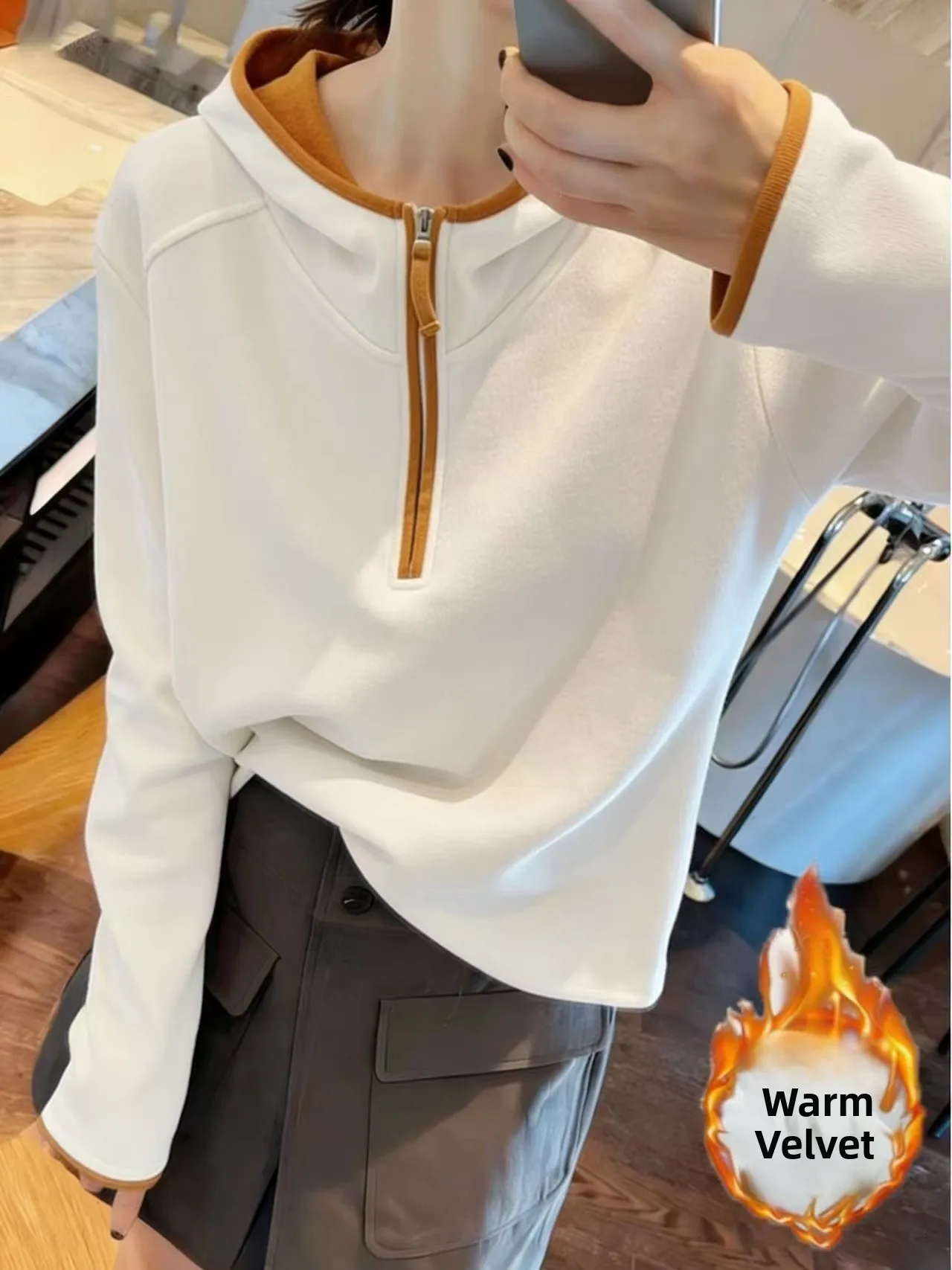 

Khaki Velvet Hooded Sweatirt Women Loose Slim Fit f Zip Thi Warm Base irt Trendy Long Sve Polyester Fiber Winter