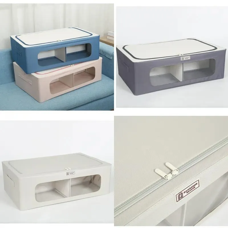 Under Bed Storage Container with Wheels Metal Frame Lid Household Wardrobe Organizer Box