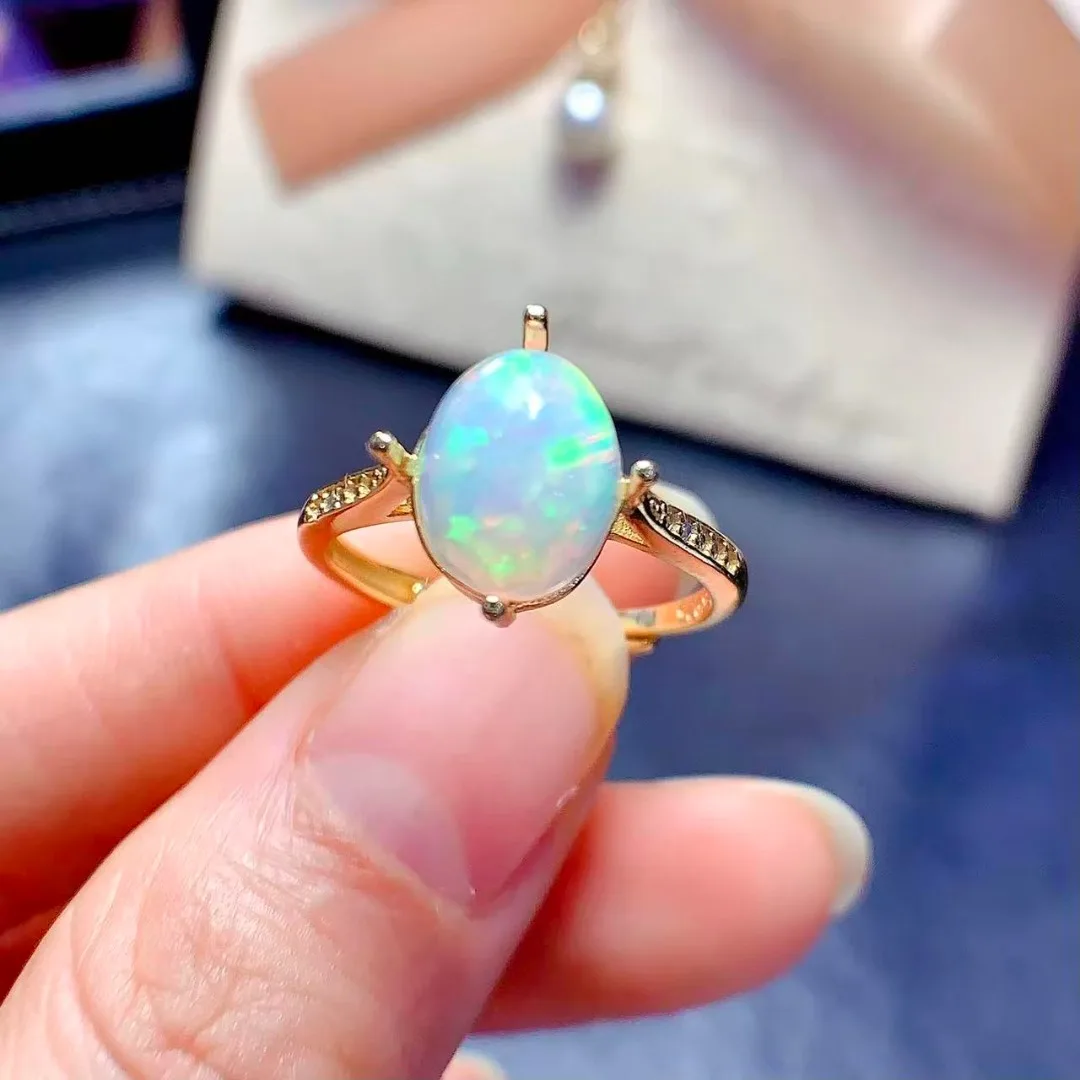 

Exquisite Cut Natural Opal Ring S925 Pure Silver Fashion Jewelry Glossy Translucent Precious Gem Accessories