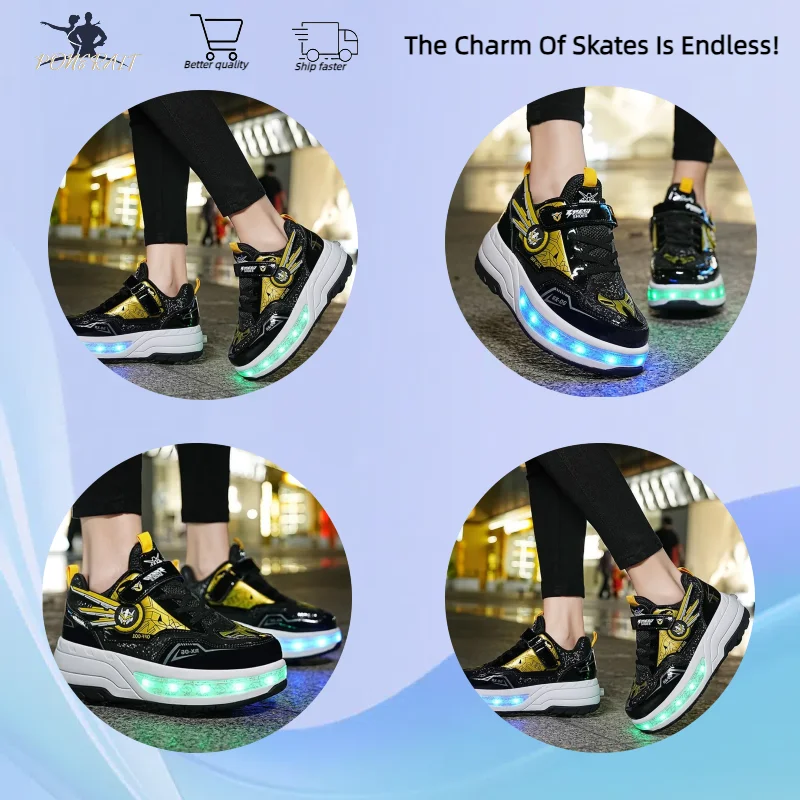 Fashionable Outdoor Boys Detachable Skates 4-Wheel Adjustable Roller Skates Light Up Boys Girls Casual Wheeled Sneakers