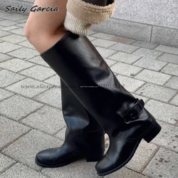 Solid Matte Mid Heel Belt Buckle Strap Knee High Boots Autumn New All-Match knight Boots Round Toe Platform Sexy Women Boots