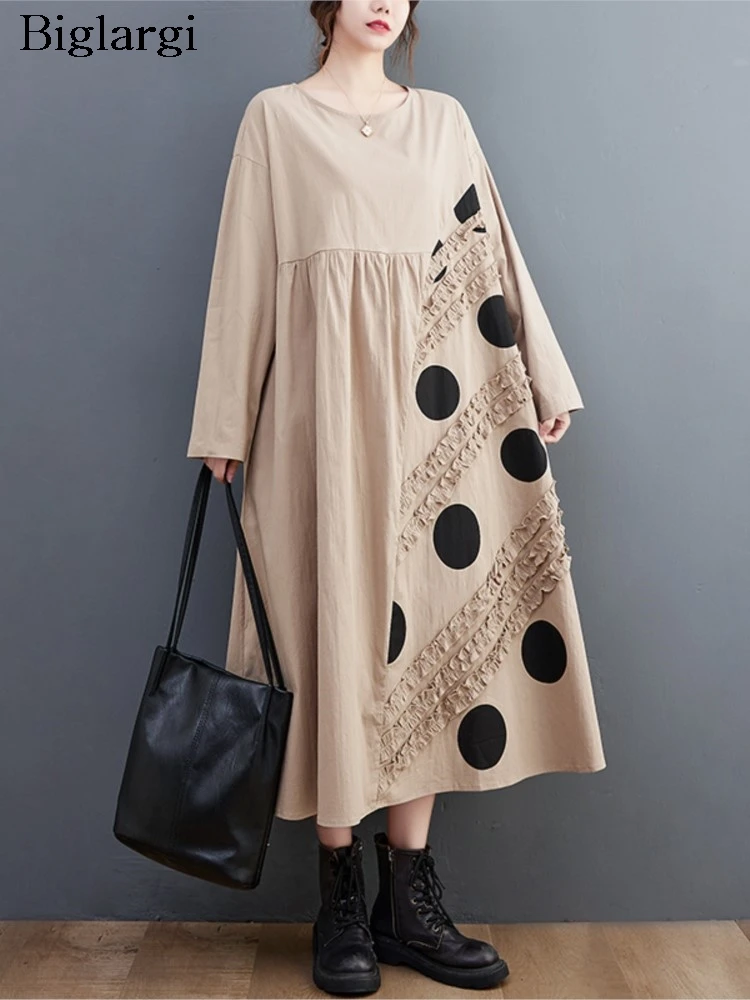 

Oversized Autumn Dress Women Polka Dot Print Fashion Ruffle Pleated Patchwork Ladies Dresses Casual Loose Woman A-Line Dress