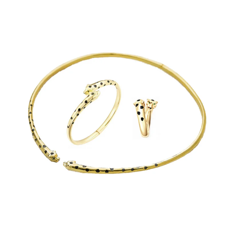 Designer Party Narrow Ring Bracelet Choker Necklace Inlay Green Eyes Black Enamel Leopard Panther Plated Gold Color Jewelry Sets