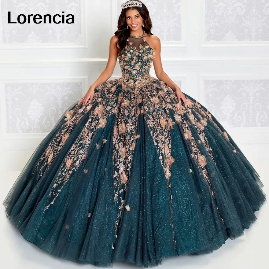 ที่กําหนดเองสีเขียว Quinceanera Ball Gown ทอง 3D ดอกไม้ Applique Beading Cape Corset หวาน 16 Vestidos De 15 Años YQD789