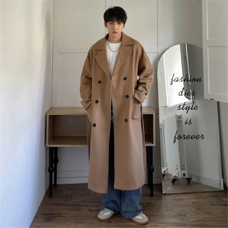 Autumn Winter Men's Clothing Woolen Coat New Solid Color Korean Medium Long Trench Coat Lapel Double Breasted Loose Top A017