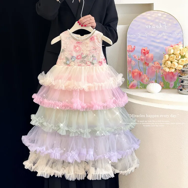 Lolita princess dress children's summer new baby girl sweet rainbow mesh sleeveless vest skirt