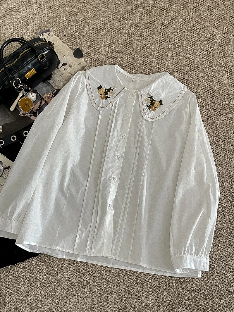 

Wedbleser Solid Color Versatile Doll Collar Embroidered Long Sleeved Shirt 2025 Summer Women Loose Cardigan Sweet Stylish Top