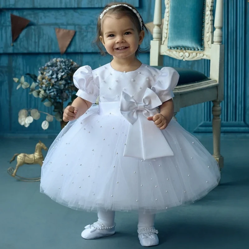 

White Flower Girl Dresses Tulle Puffy Pearls Skir With Bow Short Sleeve For Wedding Birthday Party Holy Communion Gowns