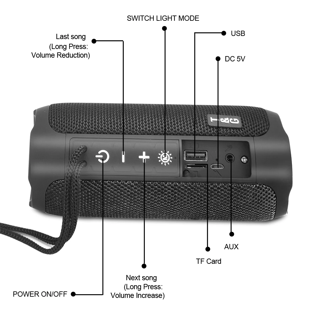 TG227 Portable Bluetooth Speaker With LED Color Light Wireless Bass Subwoofer Outdoor Waterproof Column Boombox Stereo Music FM