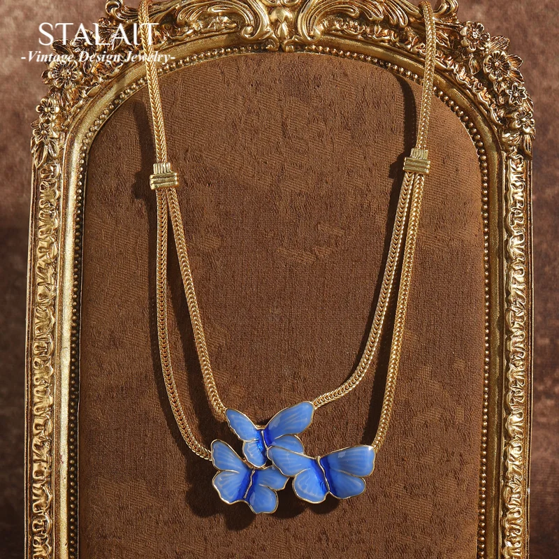 

Vintage Butterfly Necklace Woman Blue Enamel Drip Oil Gold Color Layered Chain Pendant Bohemia Jewelry Valentine Day Gift 2025