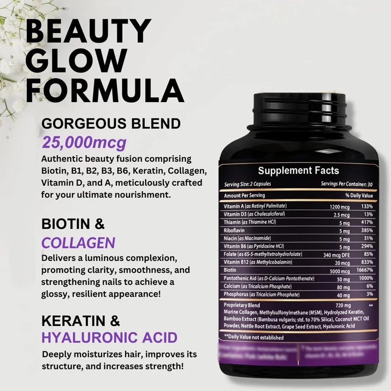 Biotin contains hyaluronic acid, collagen, and keratin -25000 mcg male and female hair growth vitamins - nails and skin