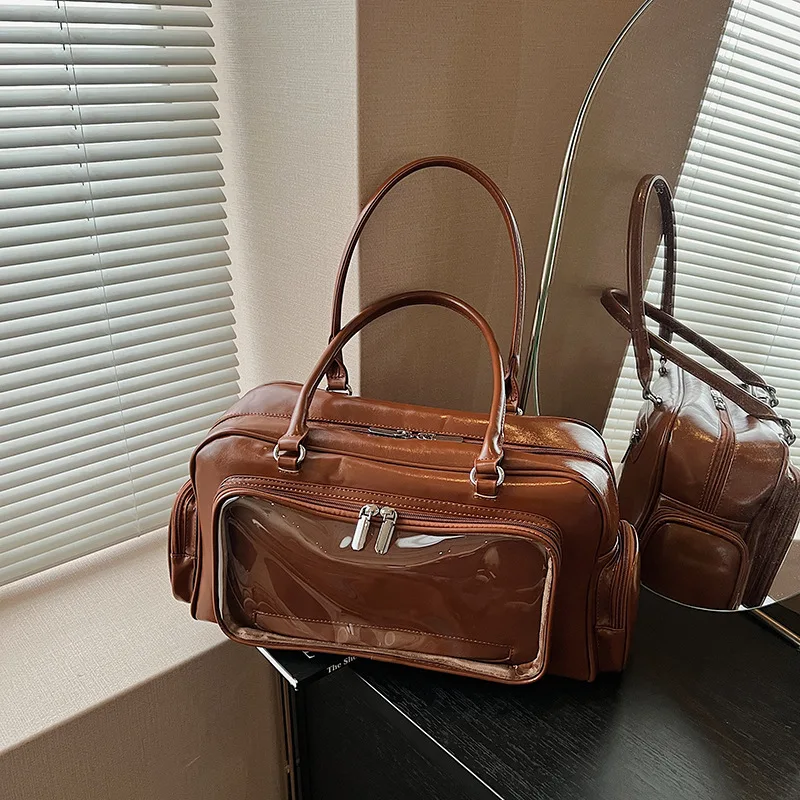 Red PU Transparent Window Handbag, Clear Display Pocket Tote Bag, Casual Top Handle Bag for Badge Pins Collectibles