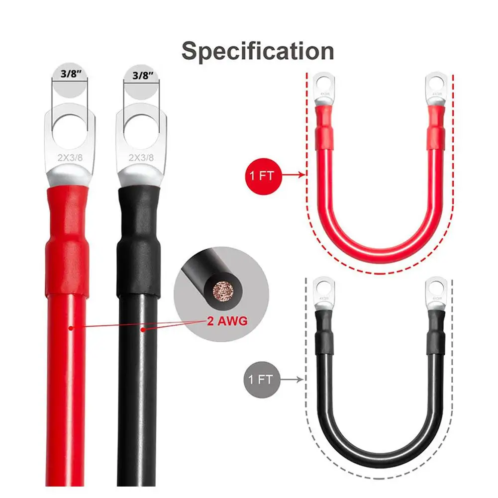 2AWG 19 Inch Heavy Duty Pure Copper Battery Cable Set 1 Positive 1 Negative 3/8 Inch M10 Thickened Terminals For Car Solar