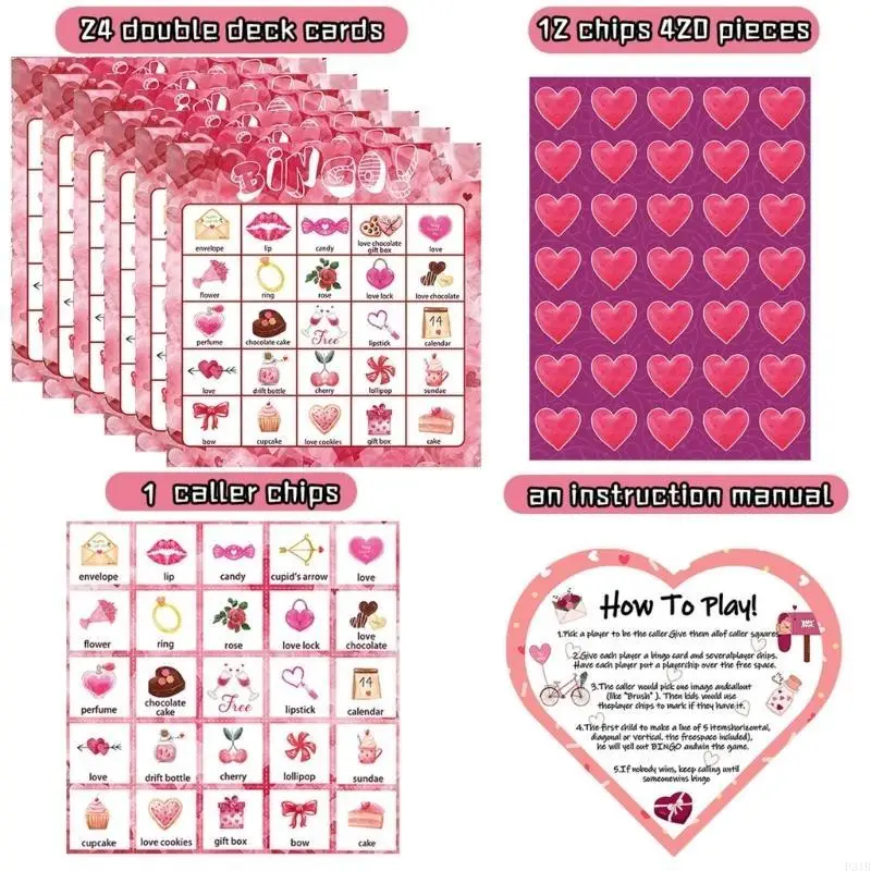 Valentijnsdag Bingo Game Cards 24Players for Kids Party Card Games, School Classroom Games, Family Entertainment Activity P31B