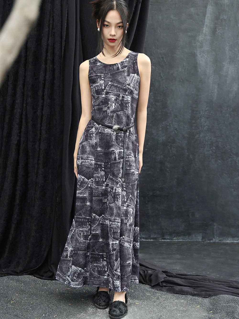 Cool Vest Dress Women's Black Gray Printing round Neck Sleeveless Elastic Net Long Skirt