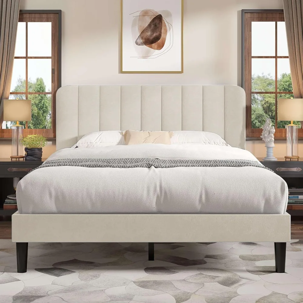 

Twin Size Bed Frame w/Upholstered Headboard, Platform Bedframe Mattress Foundation, Strong Wood Slat Support, No Box Spring Need
