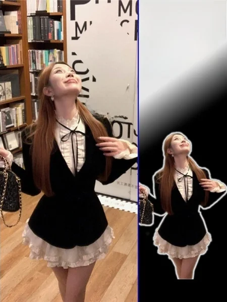 

plus Size Women's Korean College Style J Set Black Suit Coat Shirt Half Skirt Three Piece Set High Waist Spring Fashion