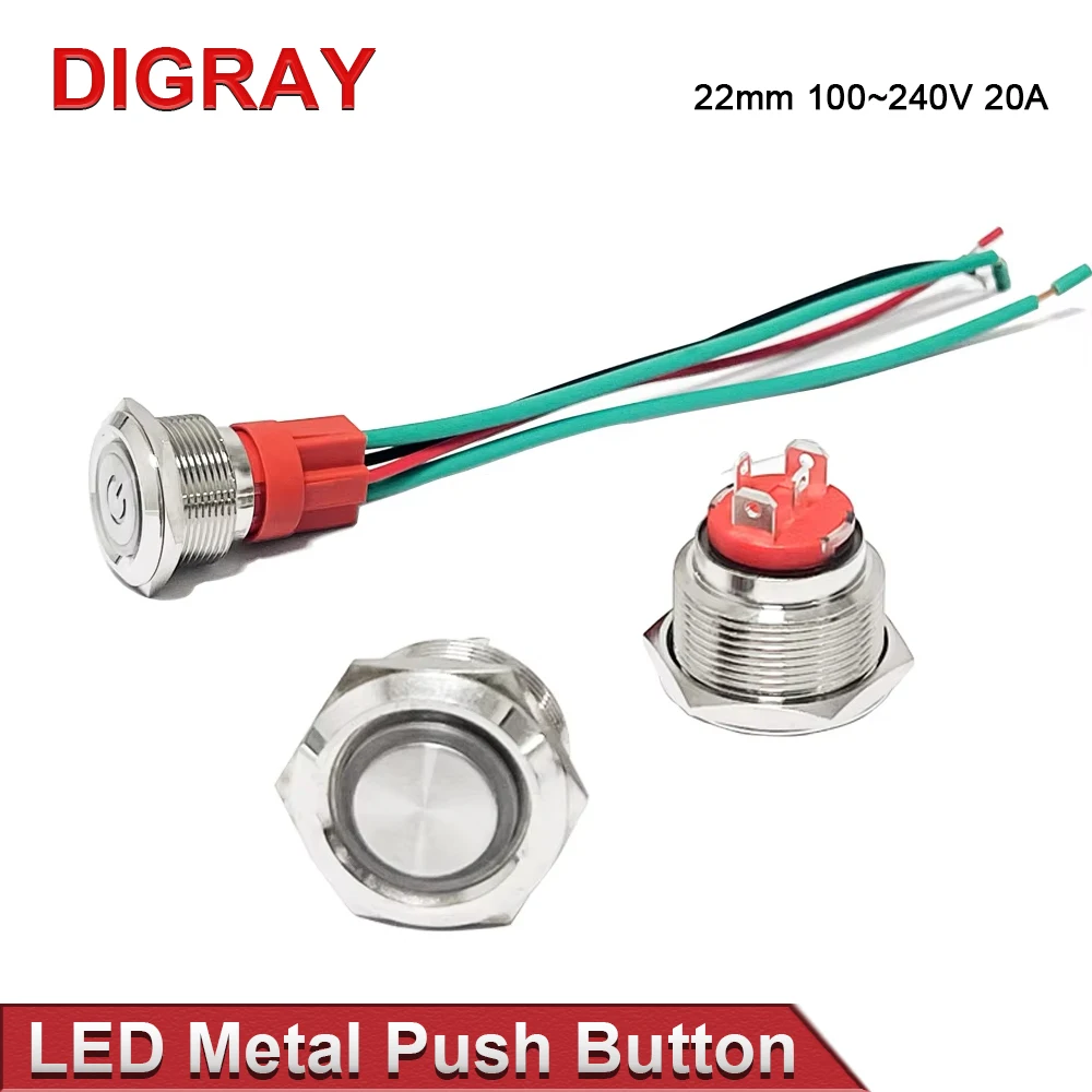 

DIGRAY светодиодный металлический кнопочный переключатель 20A 22 мм водонепроницаемый металлический короткий кнопочный переключатель с самоблокировкой