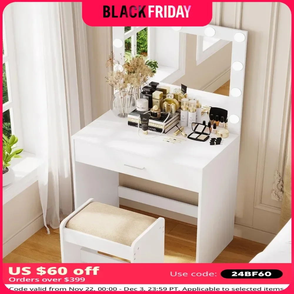 Vanity Desk with Large Lighted Mirror and Drawer, 11 LED Light Bulbs & Adjustable Brightness, Space Saver, Dressing Table