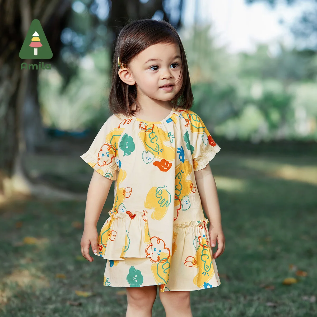 Amila Baby Girl Dress 2023 Summer New Full Print 100% Cotton Short Sleeve Dresses Kids Clothing  Breathable Thin Costume