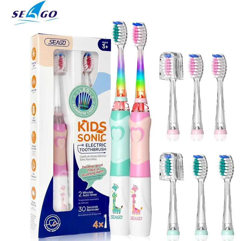 SEAGO SG-977 EK6 Kids Electric Toothbrush Battery Powered Cartoon Tooth Brush LED Colorful Light 2 Mins Timer For Kid Oral Care