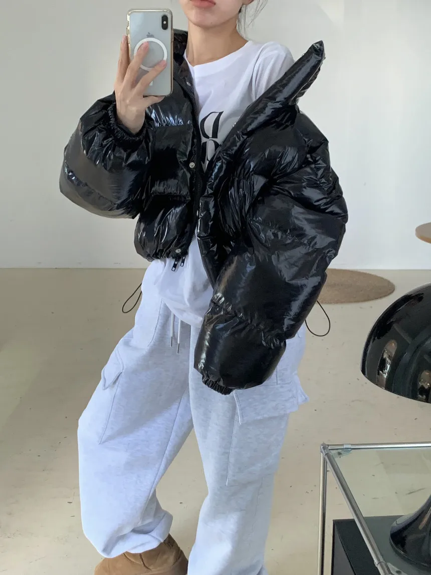 

Shiny Surface down Cotton Jacket Women's Retro Stand Collar Loose Slimming Thick Warm Short Puffy Bread Style Coat