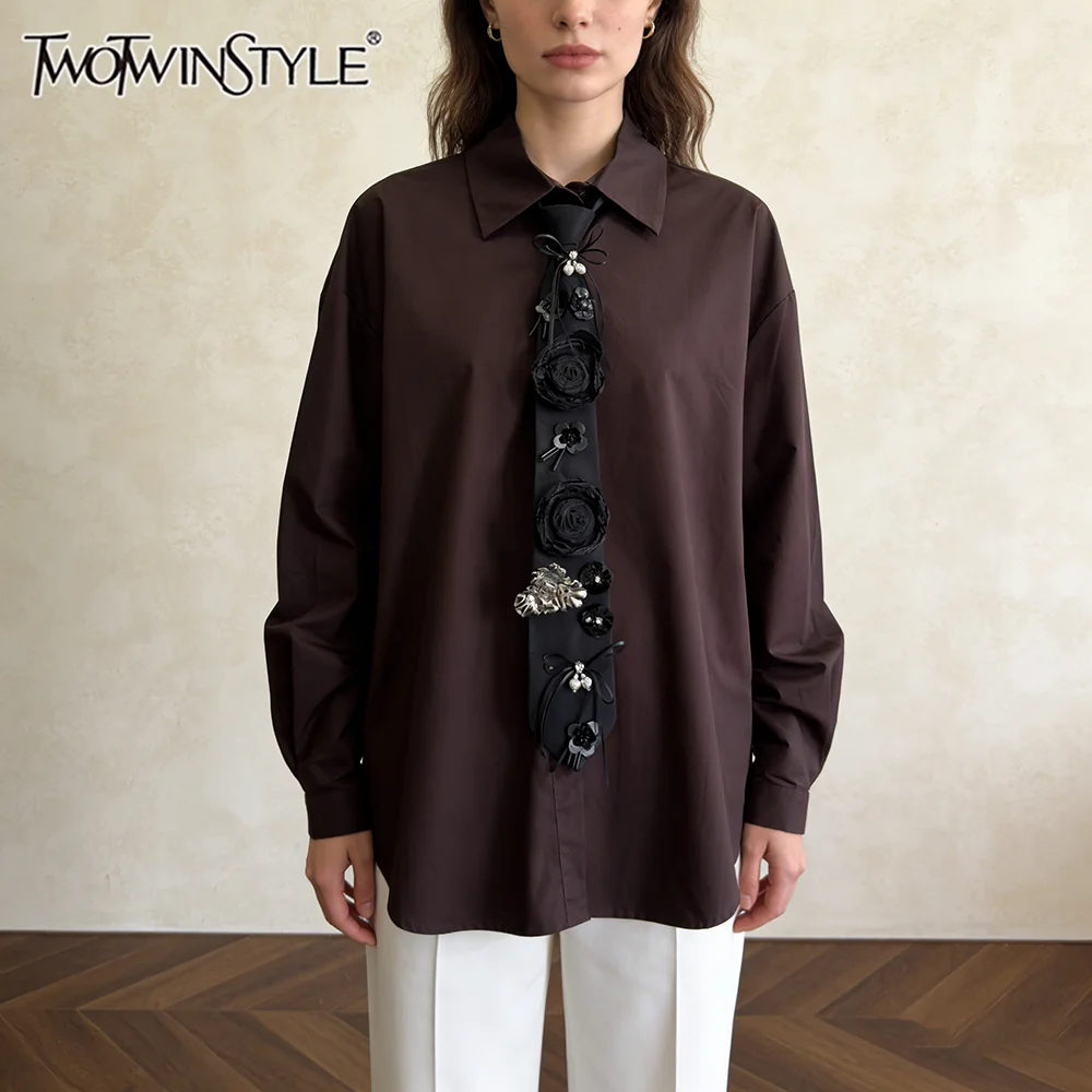 

TWOTWINSTYLE Solid Spliced 3D Flower Chic Shirt Female Lapel Long Sleeve Loose Light Luxury Women's Shirts Fashion Autumn New