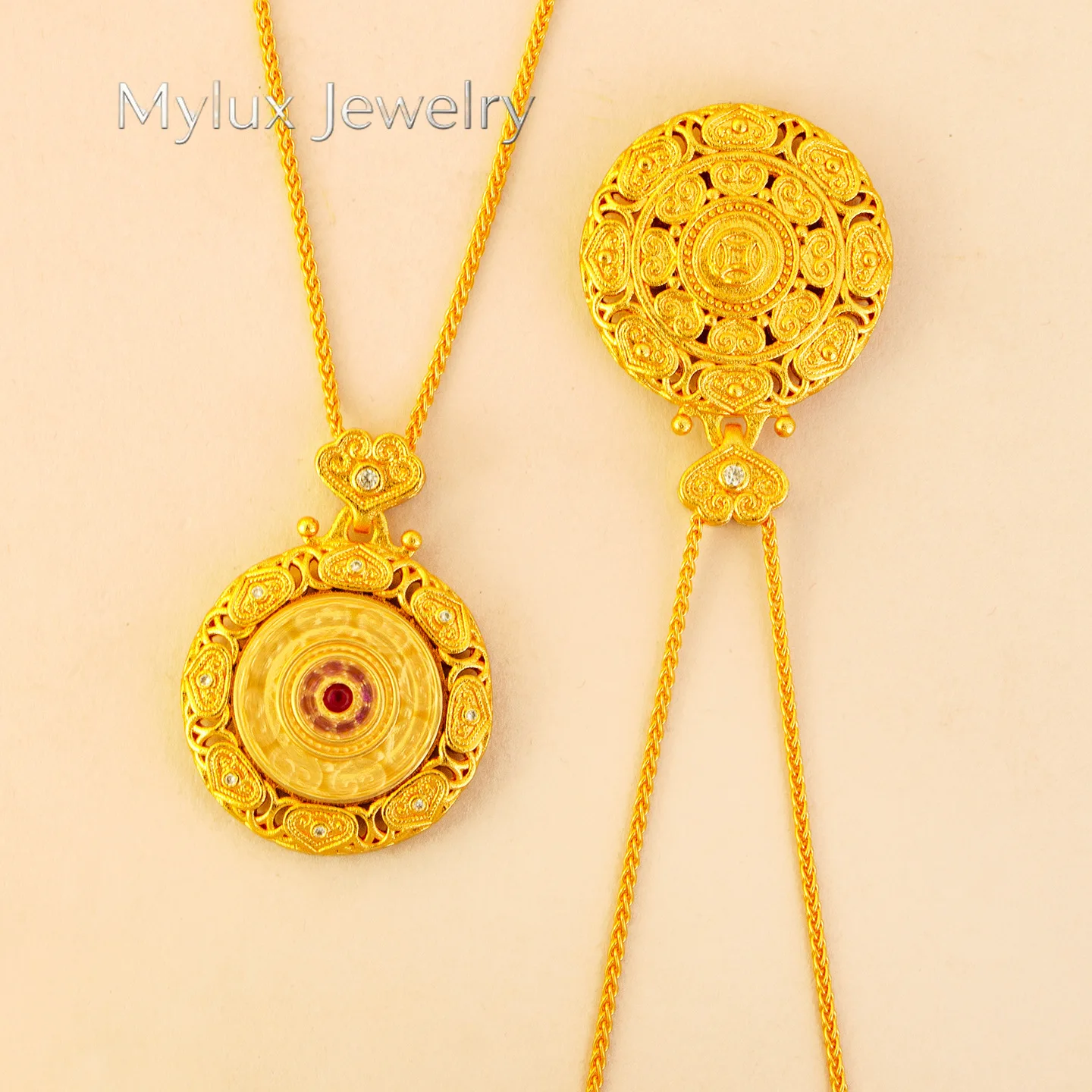 Mylux Jewelry luxury real gold jewelry 24k certifid filigree diamond hollow compass pendant retro versatile rotatable necklace