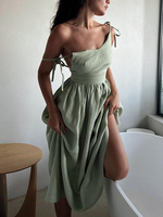 Casual Solid Color Long Green Dresses Woman Elegant Luxury Summer 2024 Sexy Vneck Backless Party Pleated Dress