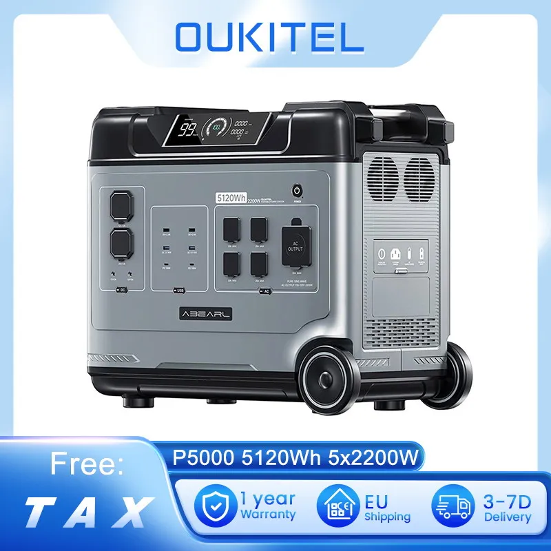 OUKITEL Abearl P5000 Portable Power Station 5120Wh LiFePO4 5x2200W AC Outlets 1800W Fast AC Charging 15 Outputs with Wheels