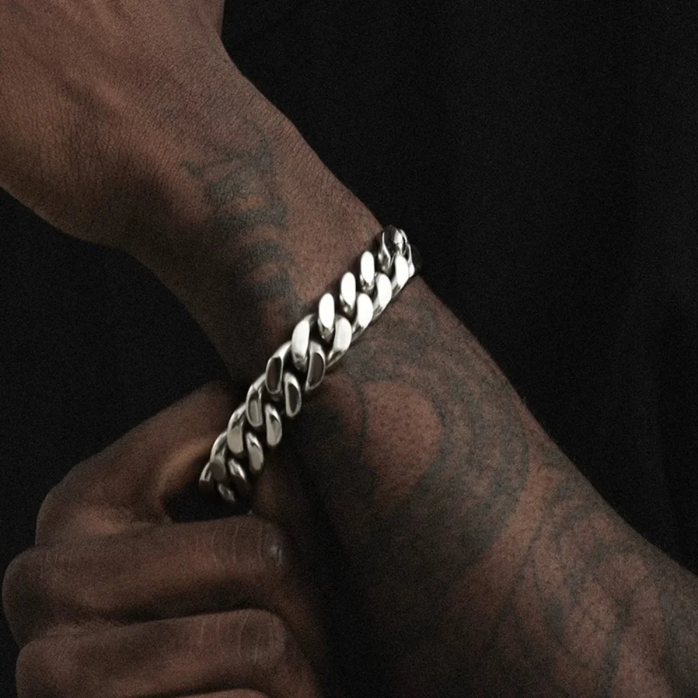 10mm Hip-Hop Dicke Kubanische Kette Herrenarmband Einfaches Silberfarbenes Edelstahlarmband Retro Mode Schmuck Trend Accessoire – Detail 3