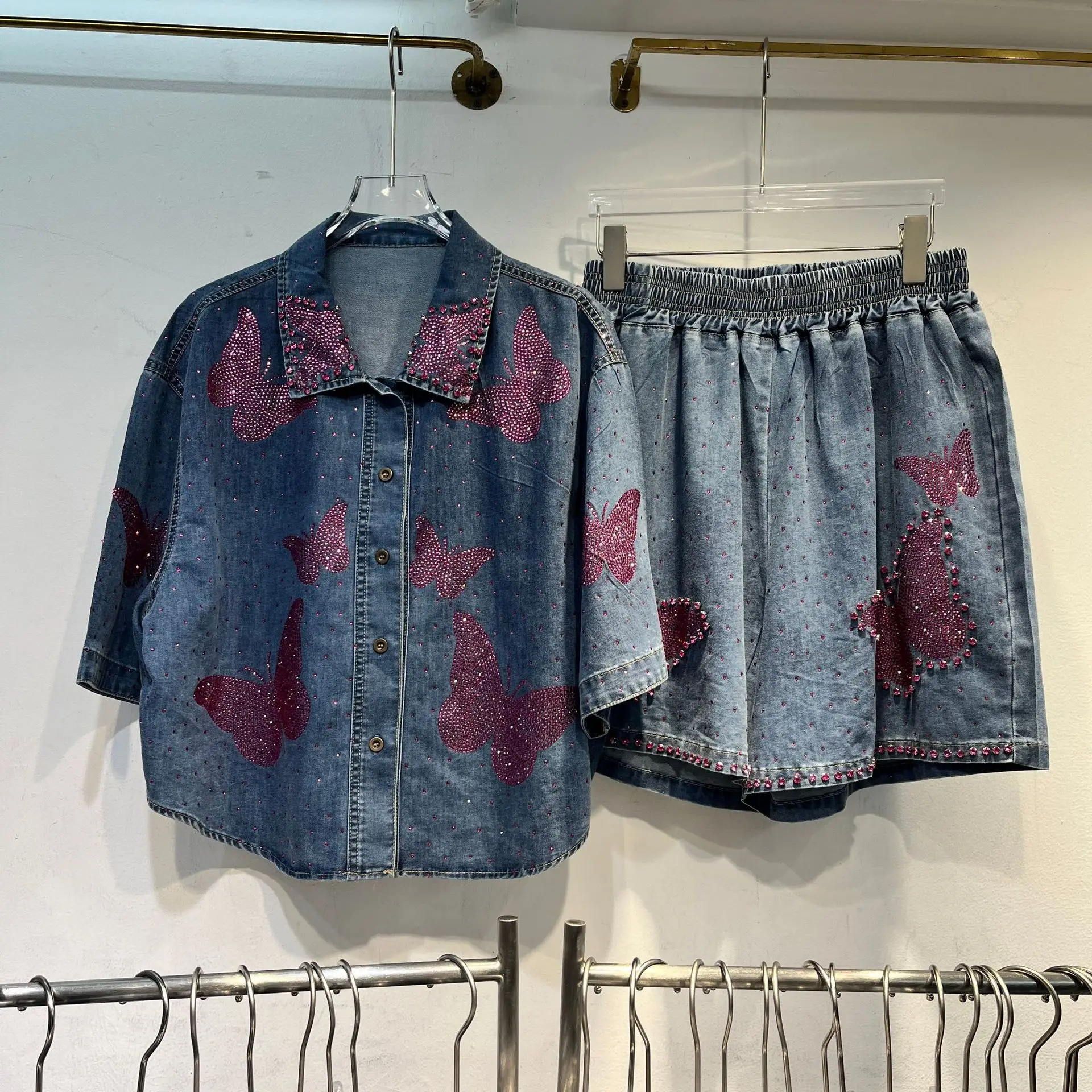 Summer Butterflies Diamonds Beaded Denim Shirt Sequined Jeans Blouses Drilling Cowboy Cardigan Tops + Wide Legs Shorts 2Pcs Set