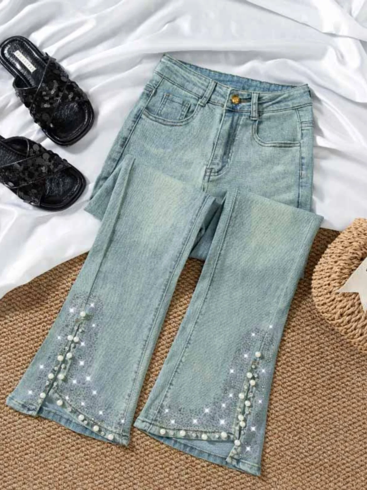 Faion taille haute cloche Bot jean femme été 2024 lourd embelli strass diamant pantalon Long femme