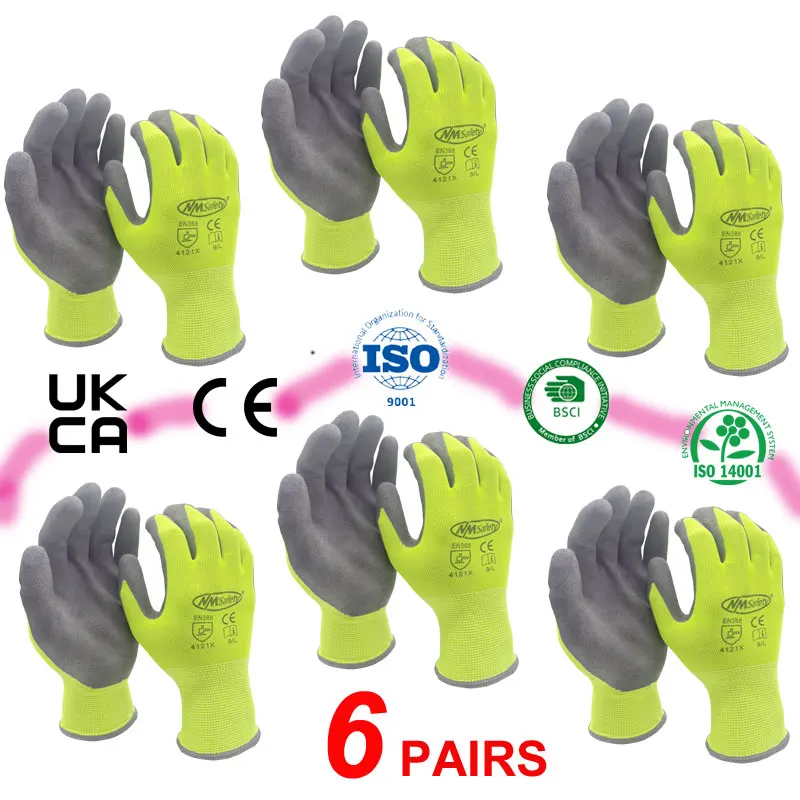 

NMSafety, 6 пар песчаных нитриловых резиновых покрытий, полиэстеровые защитные рабочие перчатки для ладони, высококачественные защитные перчатки для мужчин и женщин