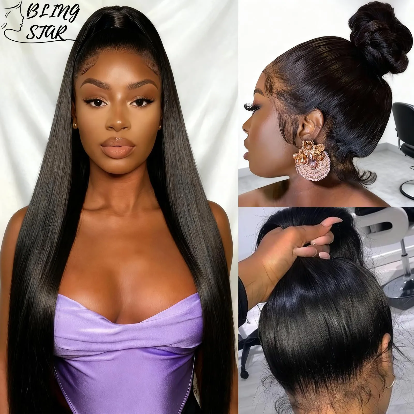 

Hidden Strap Straight 360 Lace Front Wigs Human Hair Pre Plucked HD Lace Frontal Wigs 200% Density Drawstring For Women 36 Inch