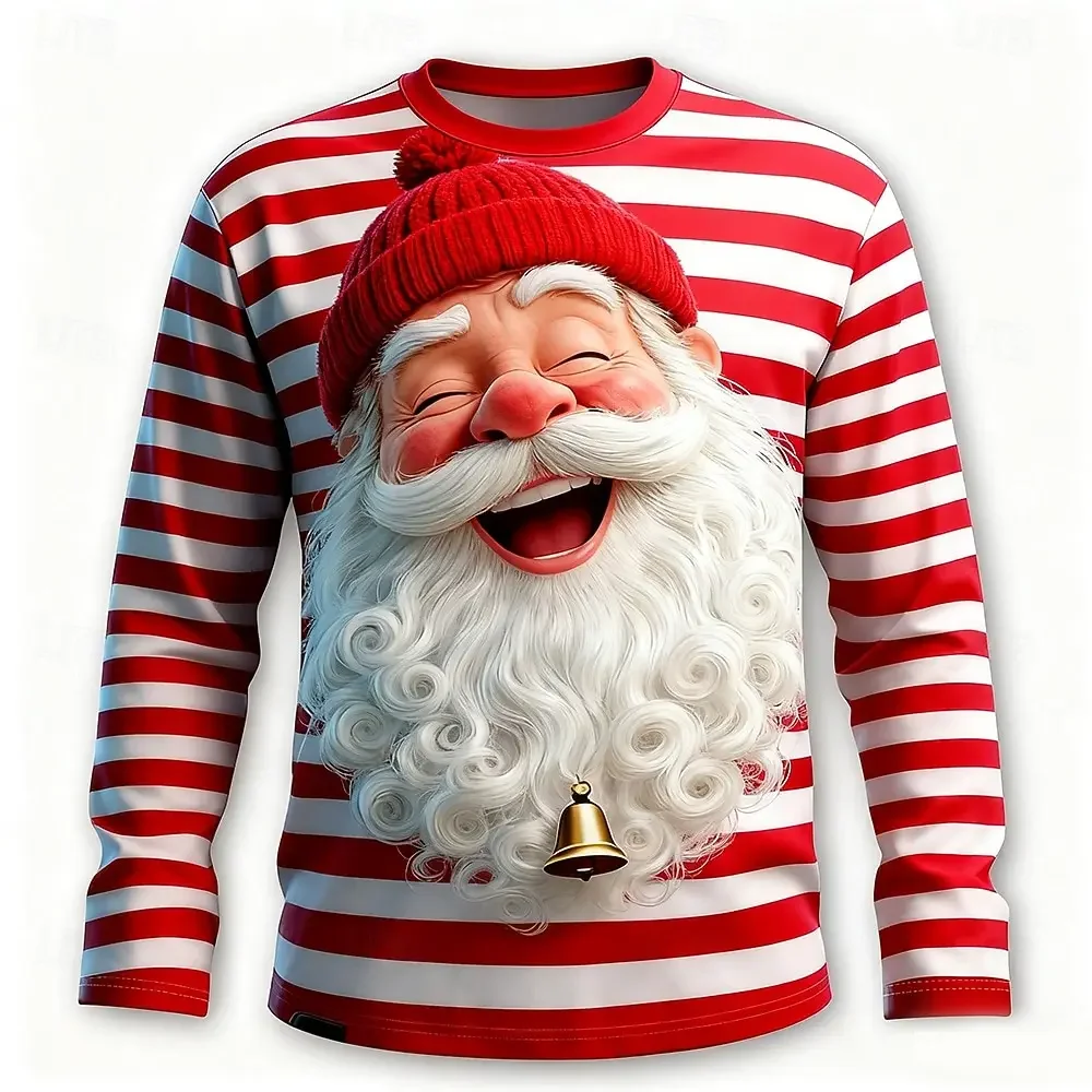 Men Polyester Long Sleeve T-shirt 3D Print Crack Wall Santa Claus Break Through Christmas Graphic Crew Neck Tops