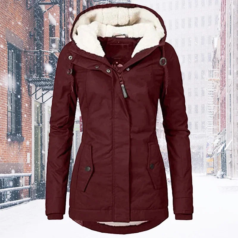 Fashion Women's Thickened Coat Warm Winter Solid Plush Thickened Long Jacket Outdoor Hiking Hooded Windproof Parka Coat