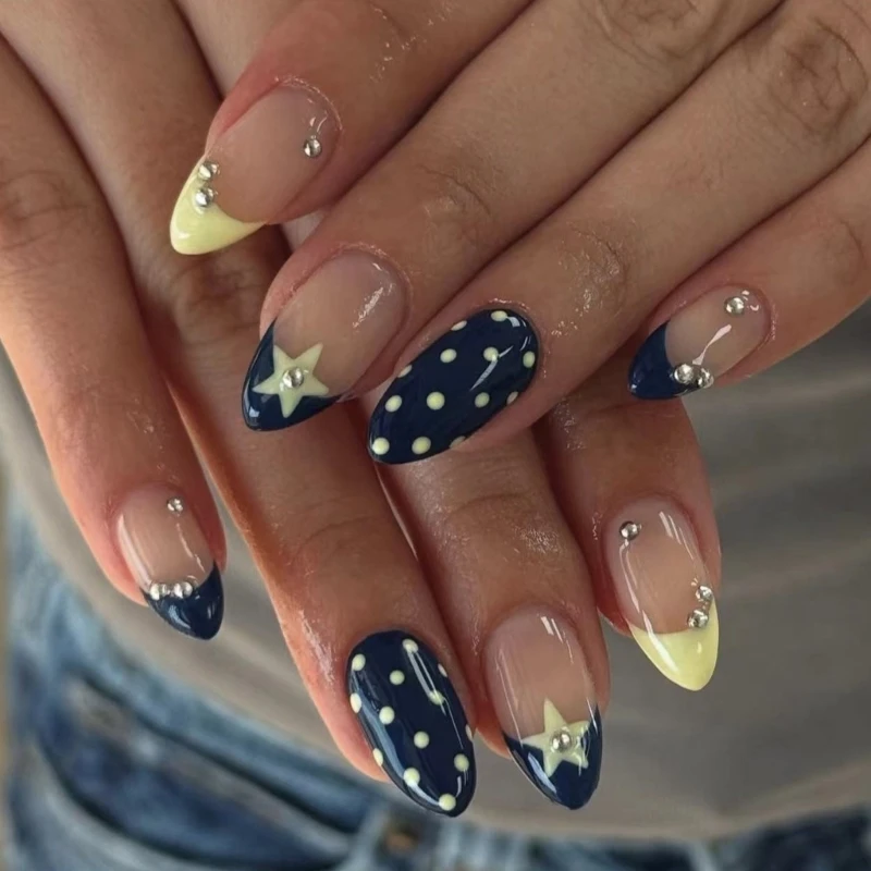 G99E Reusable False With Modern French Stars Blue Yellow Contrast ABS