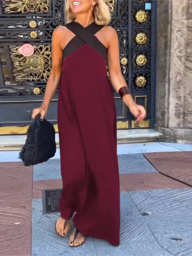 Summer Casual Loose Beach Dresses Fashion Off Shoulder Multi-color Holiday Dress 2025 New Women Halter Color Blocked Long Dress - Image 2