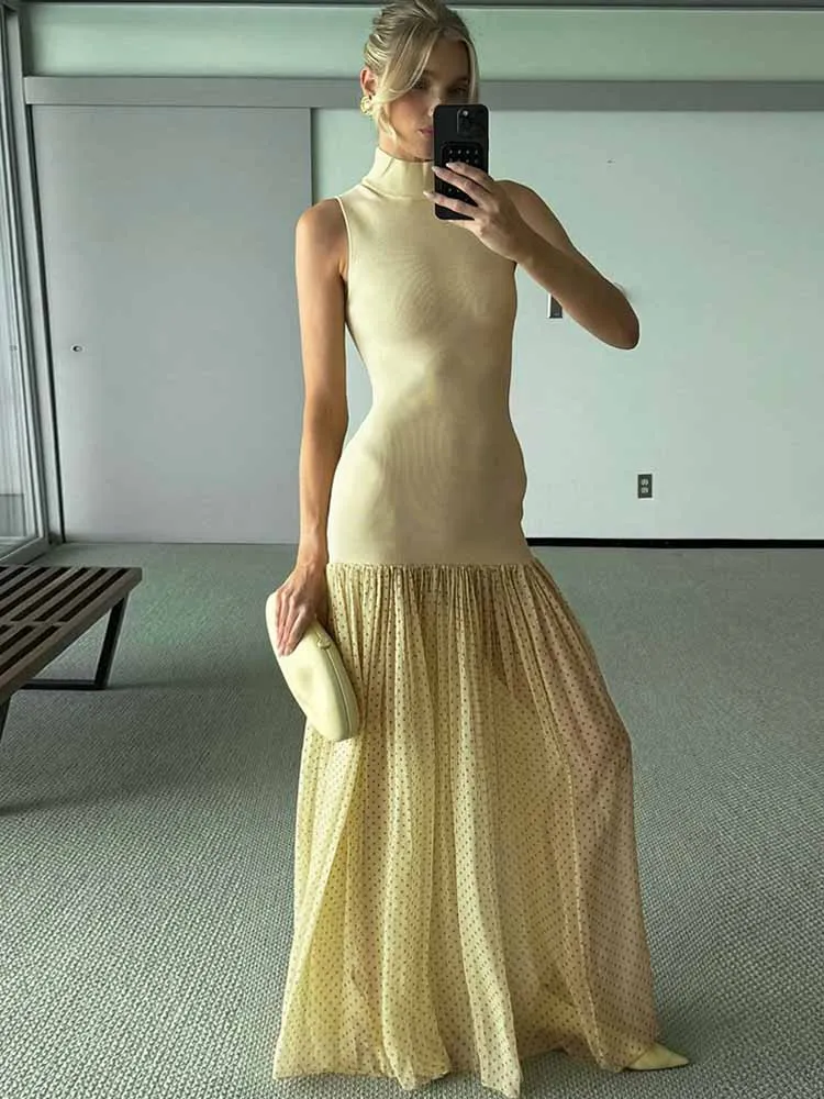 BKQU Elegant Spliced Mesh Polka Dot Long Dress Women 2025 Summer Turtleneck Sleeveless  Slim A-Line Pleated Vacation Maxi Dress