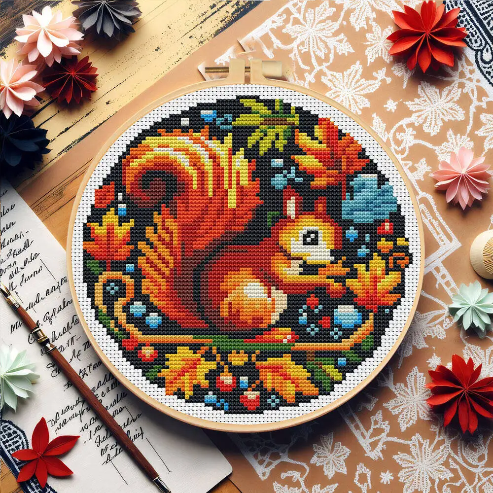 HUACAN Eichhörnchen Stickerei Kits DIY Set Mit Hoop Werkzeuge Kreuz Stich Sets Gedruckt Leinwand Herbst Handarbeiten