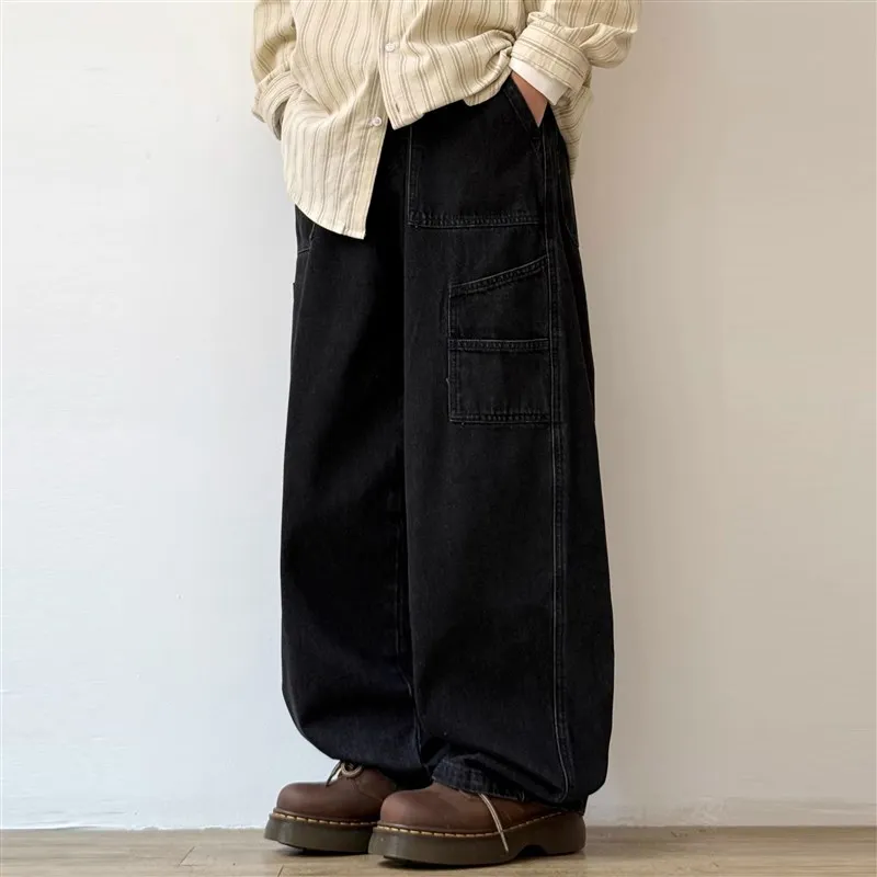 

Мужские джинсы в японском ретро-стиле, свободного кроя, прямые, из денима, модные повседневные, широкие, длинные брюки в рабочем стиле