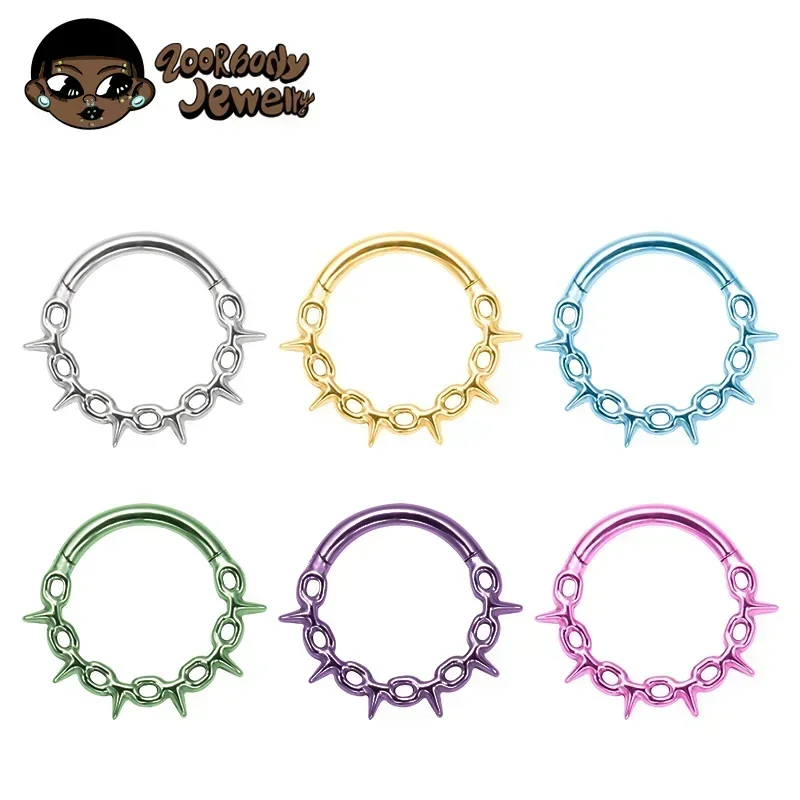 G23 Titanium Punk Chain Spike Nose Ring Hinged Clicker Septem Piercing Gothic Rock Crazy Party Segment Hoop Ring Daith Earring