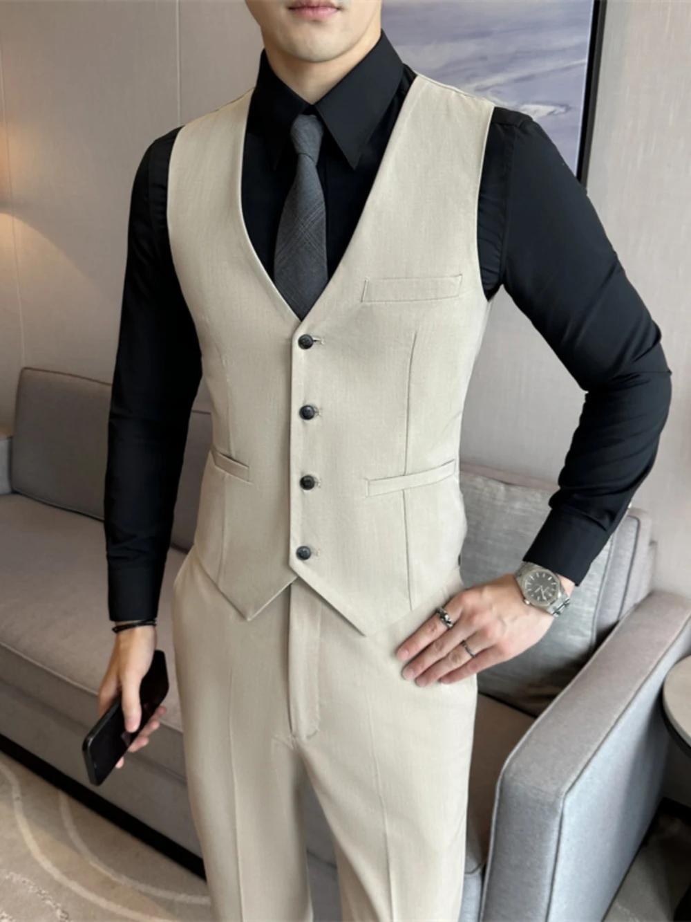Classic Khaki Formal Suits 3 Pieces Jacket Vest Pants Wedding Groon Sets Plus Size Double Breasted Tuxedo For Men Trip Wear