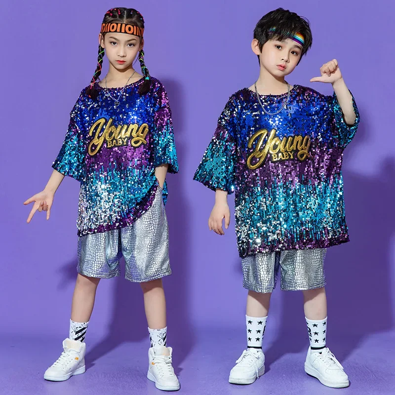 Ropa de lentejuelas multicolor para niños y niñas, conjuntos de pantalones cortos plateados de baile callejero, baile de Jazz, Hip Hop