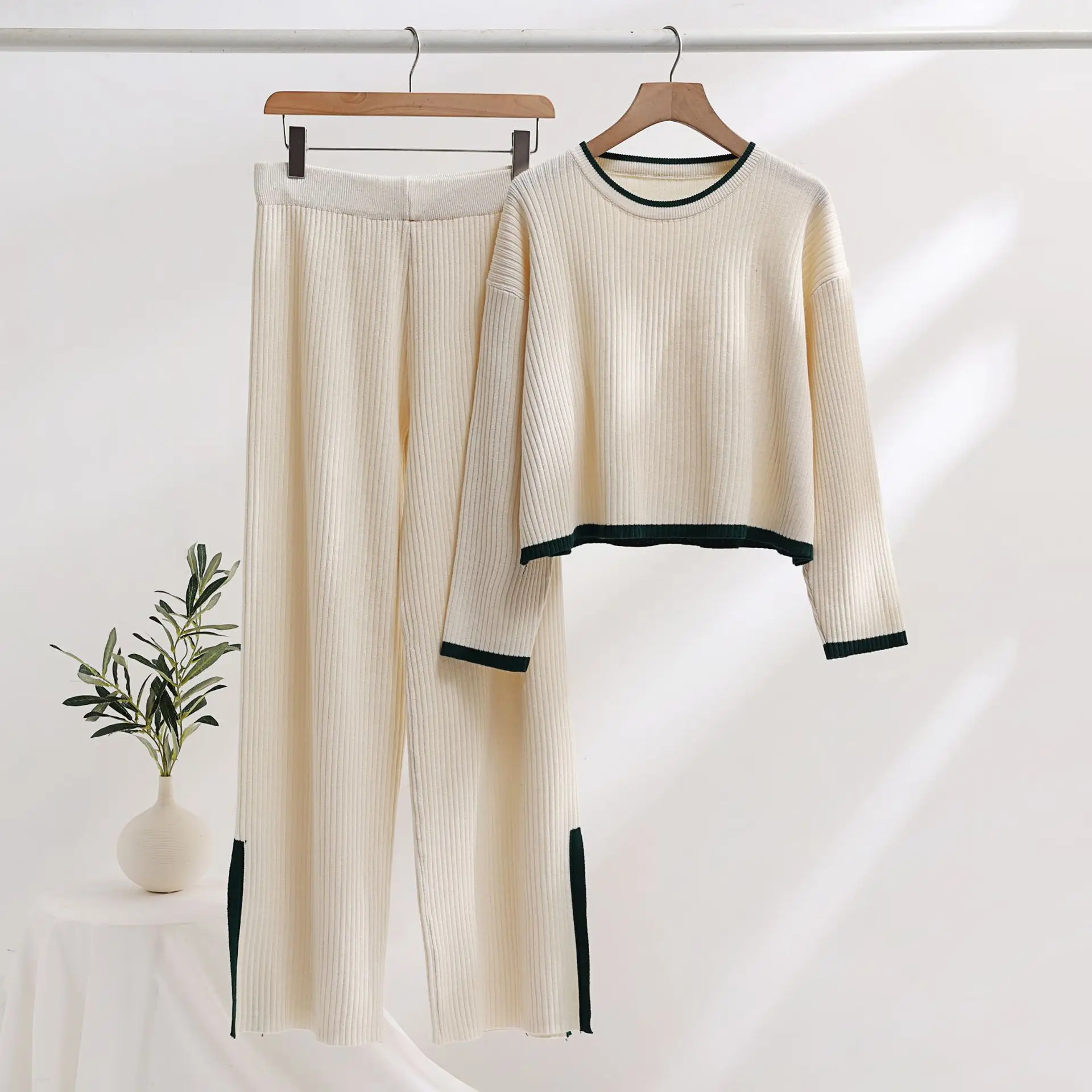 

Knitted Two Piece Set Sleepwear Women Casual Panelled Side Split Trouser Home Suits Female Crop Sweater High Waist Ladies Outfit